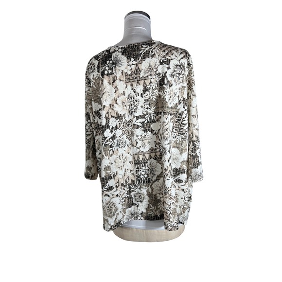 Woman Within Floral Batik Tunic Top Womens 1X 22/24 Black Beige 3/4 Slv V-Neck - Picture 3 of 7
